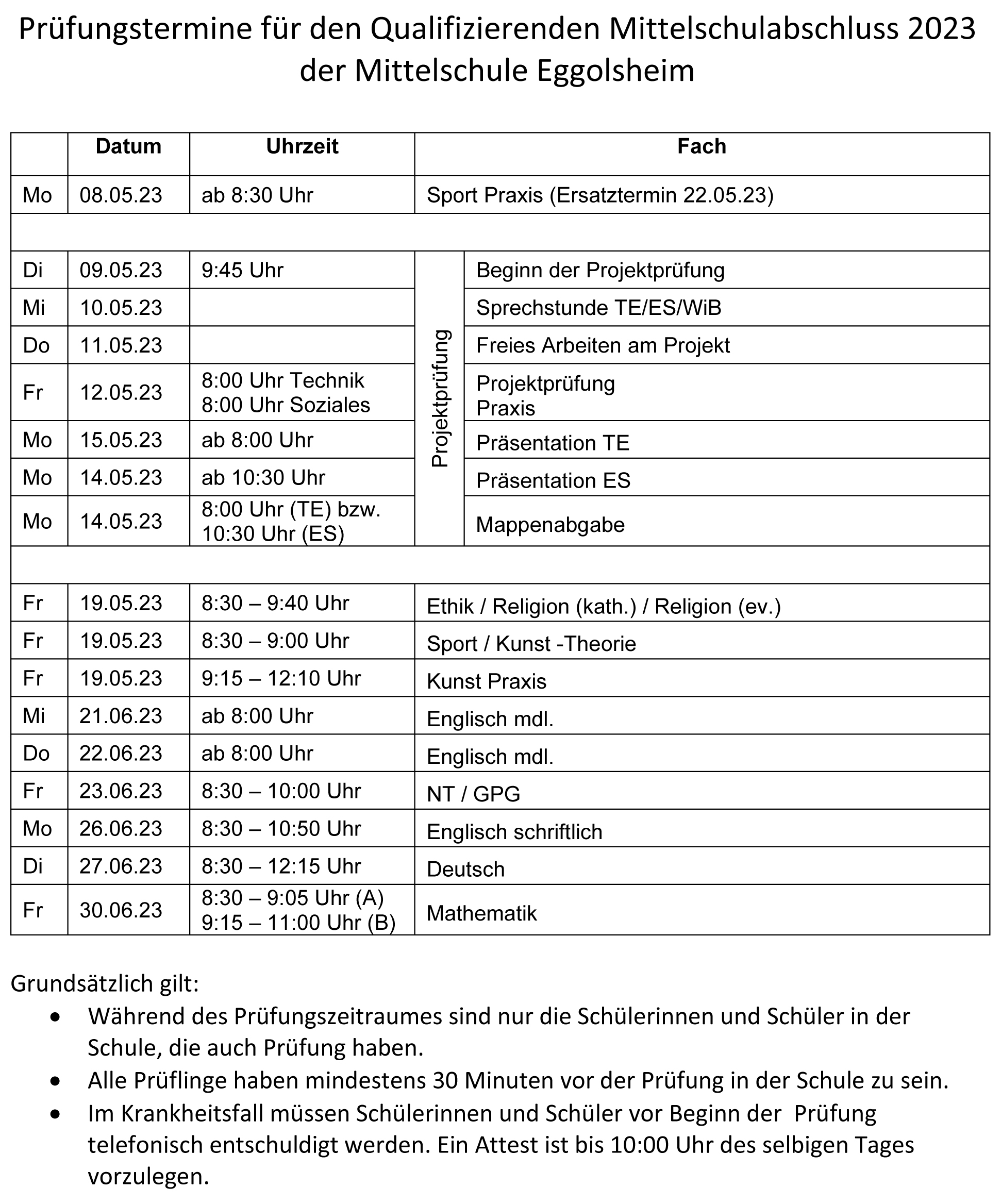 Prüfungstermine für den Qualifizierenden Mittelschulabschluss 2023 der Mittelschule Eggolsheim